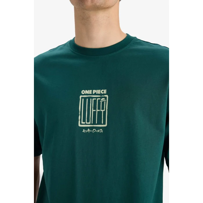 Defacto E3272 Yeşil %100 Pamuk One Piece Boxy Fit Bisiklet Yaka Baskılı Kısa Kollu Tişört