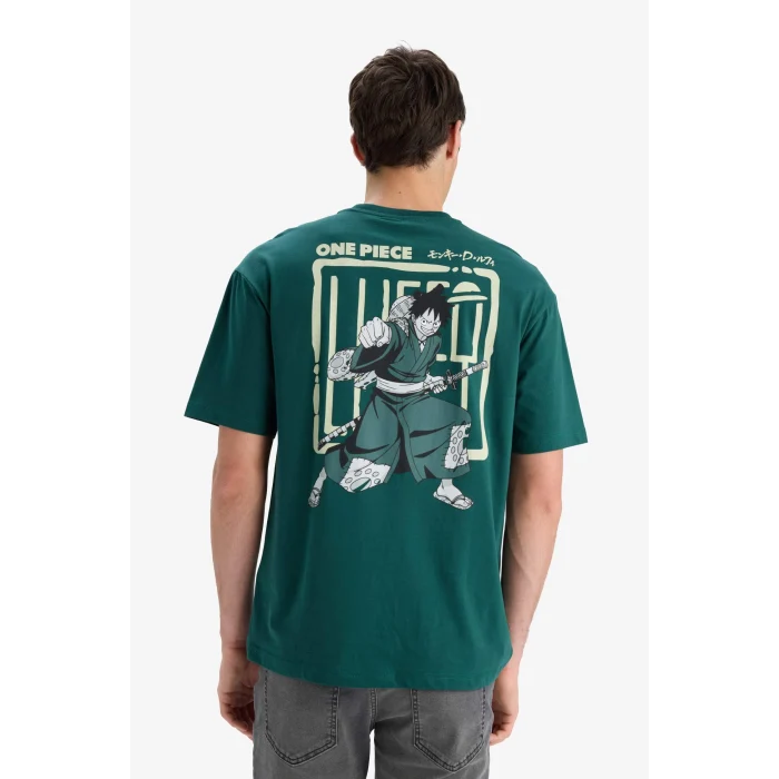 Defacto E3272 Yeşil %100 Pamuk One Piece Boxy Fit Bisiklet Yaka Baskılı Kısa Kollu Tişört