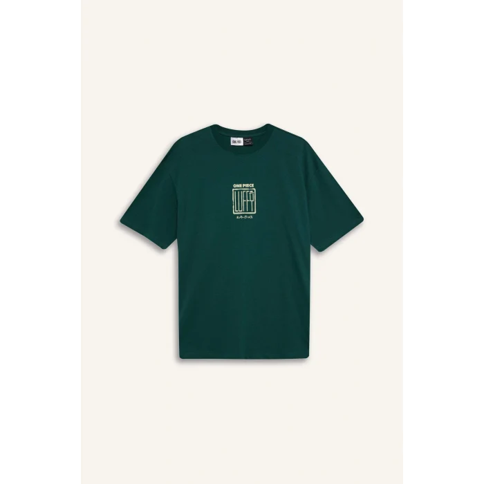 Defacto E3272 Yeşil %100 Pamuk One Piece Boxy Fit Bisiklet Yaka Baskılı Kısa Kollu Tişört