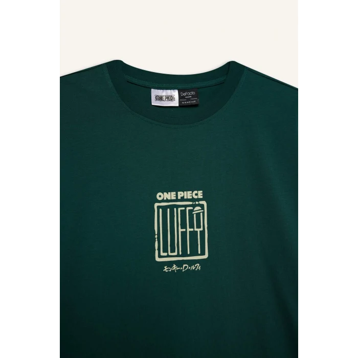 Defacto E3272 Yeşil %100 Pamuk One Piece Boxy Fit Bisiklet Yaka Baskılı Kısa Kollu Tişört