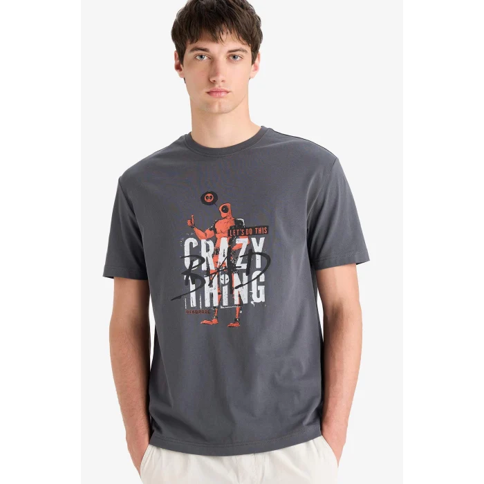 Defacto E3263 Antrasit %100 Pamuk Deadpool Regular Fit Bisiklet Yaka Baskılı Kısa Kollu Tişört