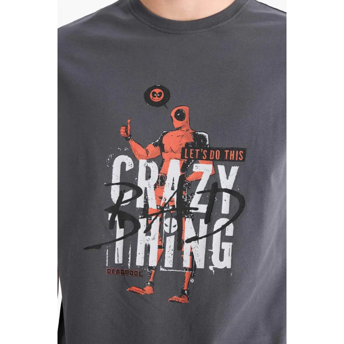 Defacto E3263 Antrasit %100 Pamuk Deadpool Regular Fit Bisiklet Yaka Baskılı Kısa Kollu Tişört