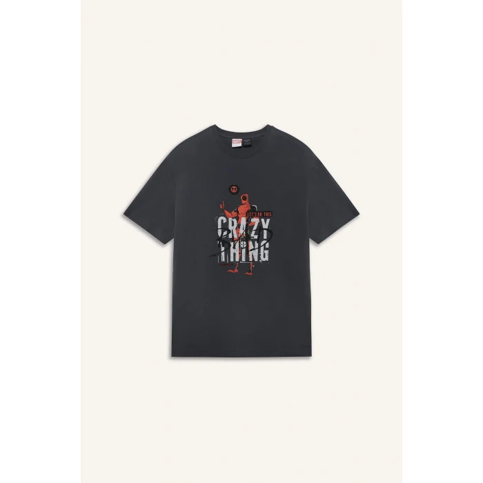 Defacto E3263 Antrasit %100 Pamuk Deadpool Regular Fit Bisiklet Yaka Baskılı Kısa Kollu Tişört