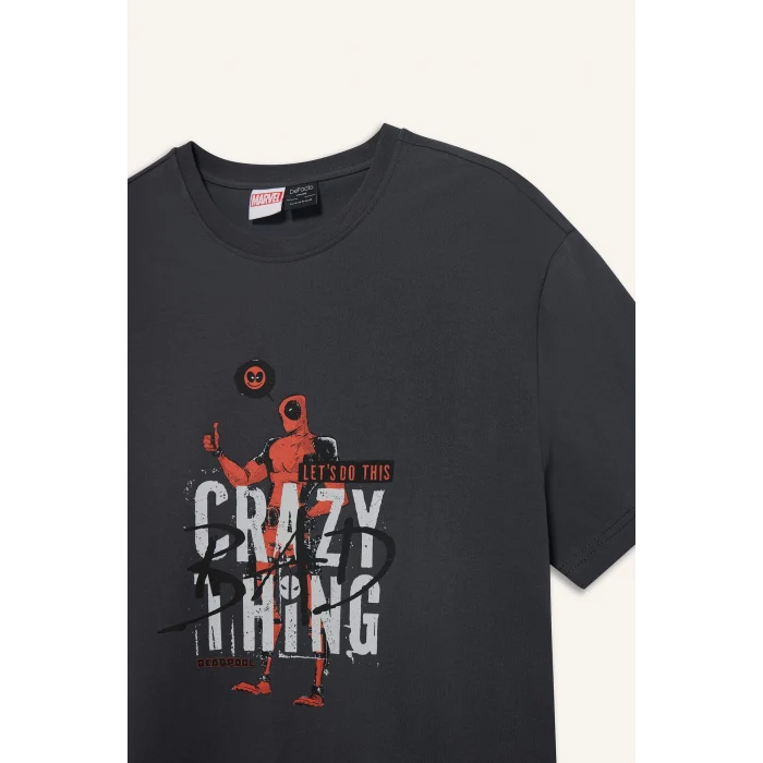 Defacto E3263 Antrasit %100 Pamuk Deadpool Regular Fit Bisiklet Yaka Baskılı Kısa Kollu Tişört