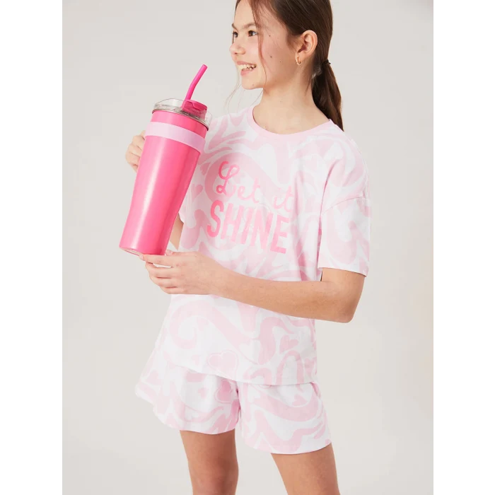 LCW Kids Pembe Bisiklet Yaka Kız Çocuk Şortlu Pijama Takımı