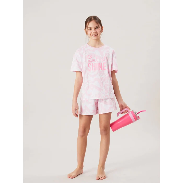 LCW Kids Pembe Bisiklet Yaka Kız Çocuk Şortlu Pijama Takımı