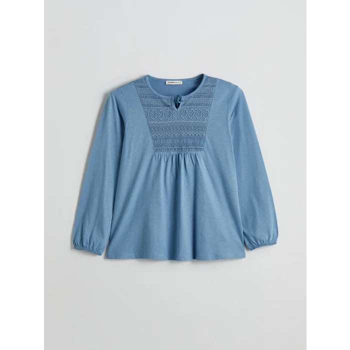 LCW Grace Mavi Bisiklet Yaka Nakışlı Bluz