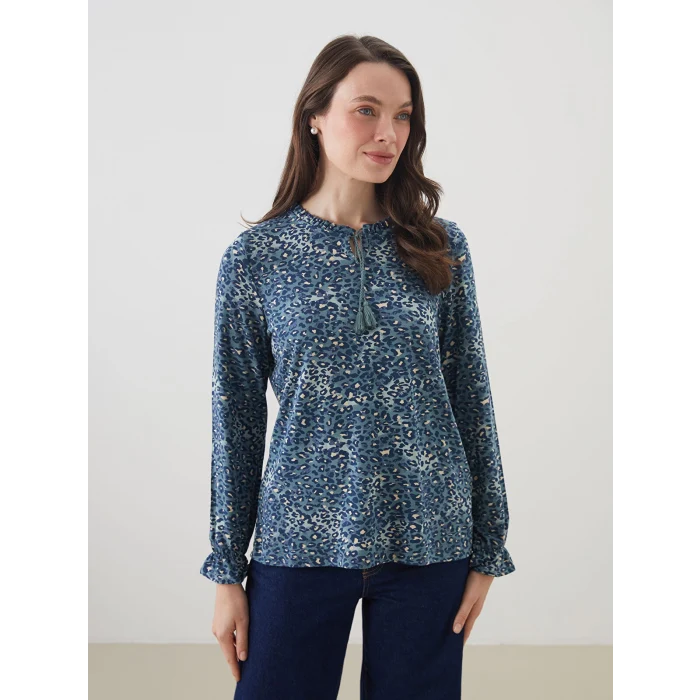 LCW Grace Mavi Bağlamalı Yaka Etnik Desenli Bluz