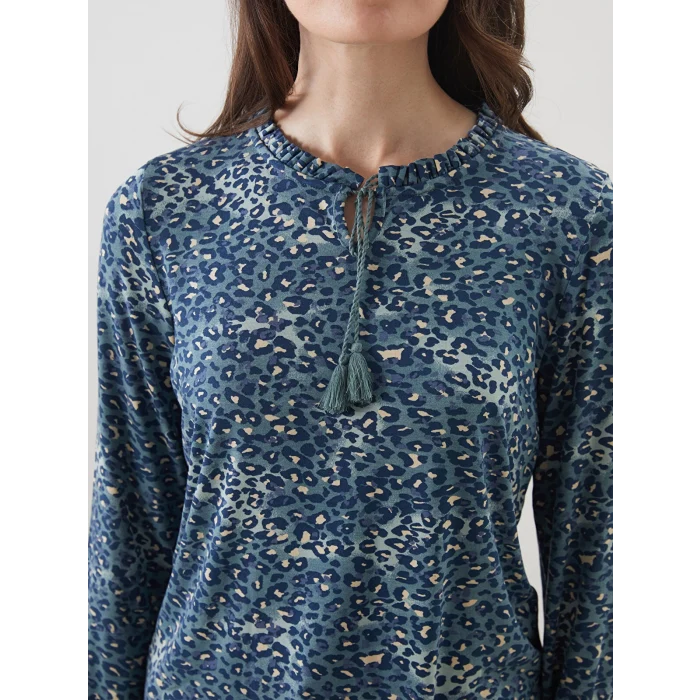 LCW Grace Mavi Bağlamalı Yaka Etnik Desenli Bluz