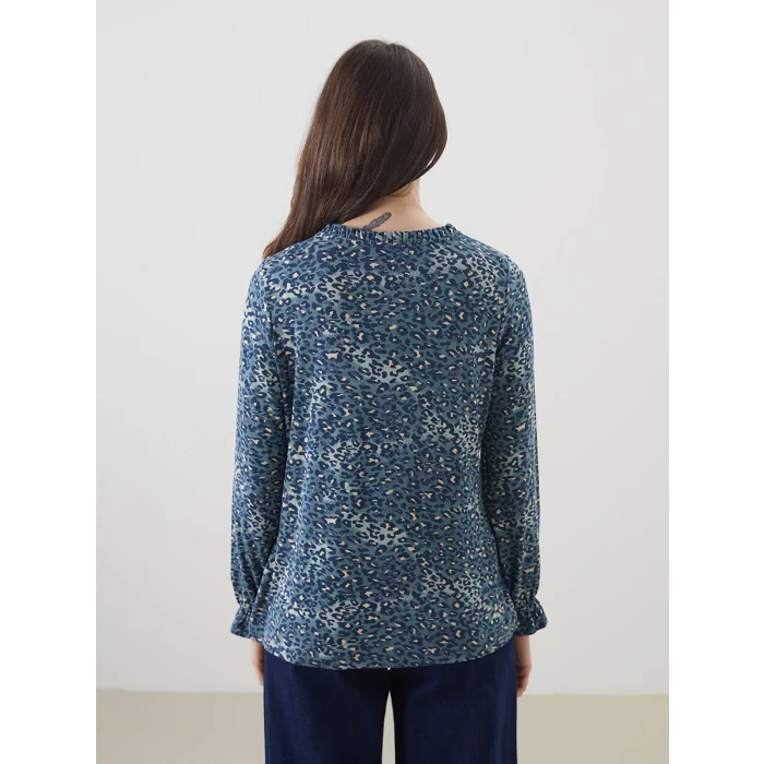 LCW Grace Mavi Bağlamalı Yaka Etnik Desenli Bluz