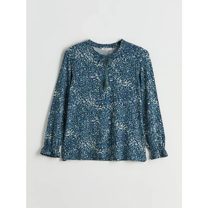 LCW Grace Mavi Bağlamalı Yaka Etnik Desenli Bluz