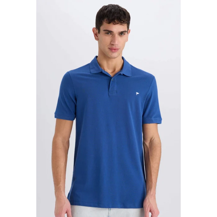 Defacto D7665 Mavi %100 Pamuk Slim Fit Dar Kesim Kısa Kollu Polo Tişört