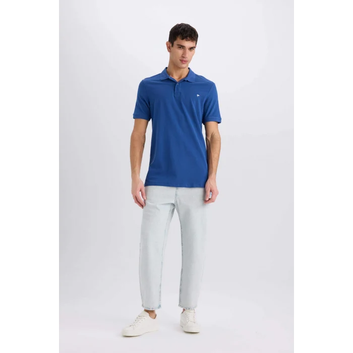 Defacto D7665 Mavi %100 Pamuk Slim Fit Dar Kesim Kısa Kollu Polo Tişört
