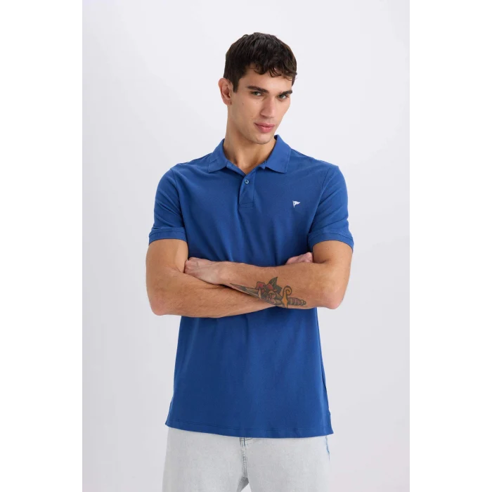 Defacto D7665 Mavi %100 Pamuk Slim Fit Dar Kesim Kısa Kollu Polo Tişört