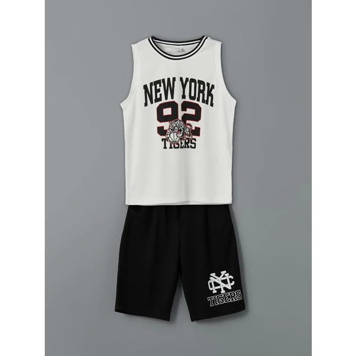 LCW Kids Beyaz Bisiklet Yaka New York Baskılı Erkek Çocuk Atlet ve Şort