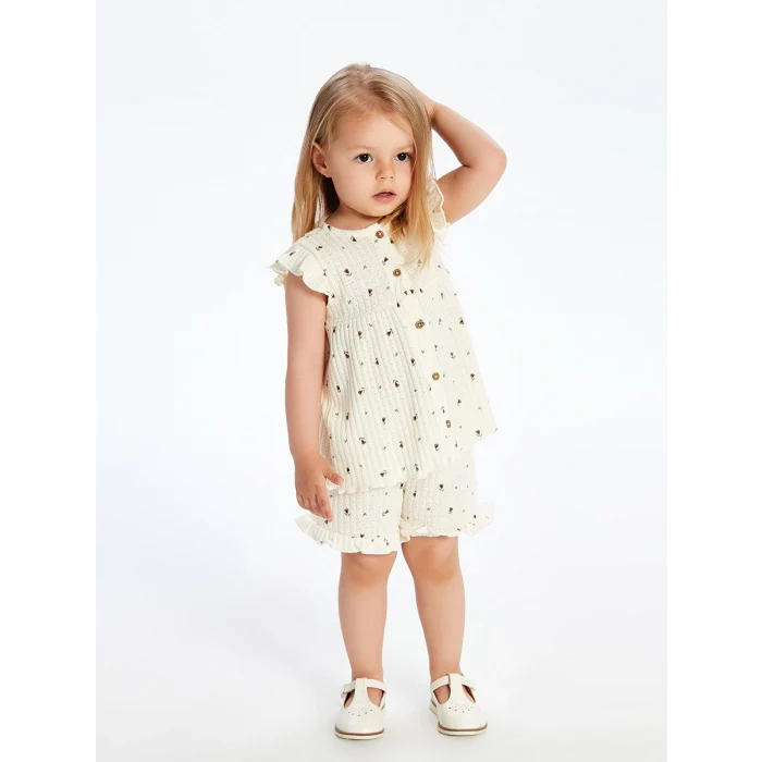LCW baby Ekru Bisiklet Yaka Çiçekli Kız Bebek Bluz ve Şort 2li