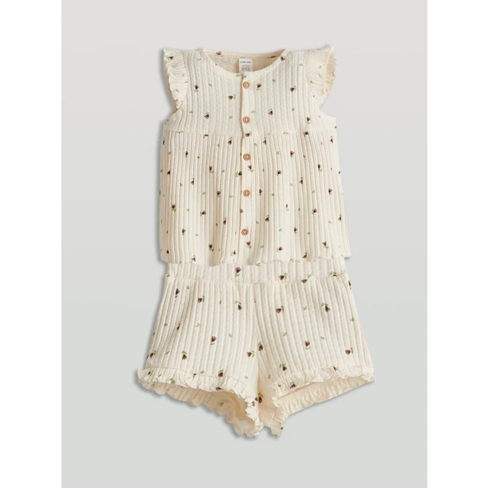 LCW baby Ekru Bisiklet Yaka Çiçekli Kız Bebek Bluz ve Şort 2li