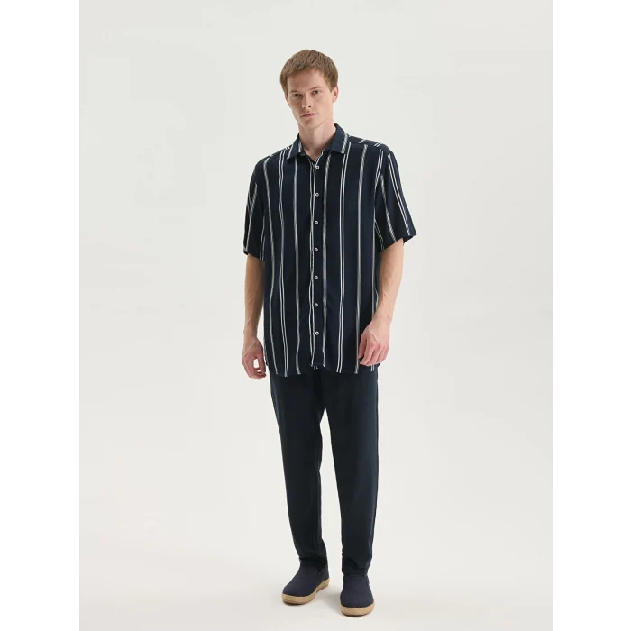 LCW Vision Lacivert Regular Fit Kısa Kollu Çizgili Erkek Gömlek