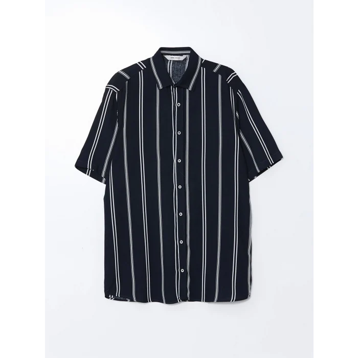 LCW Vision Lacivert Regular Fit Kısa Kollu Çizgili Erkek Gömlek