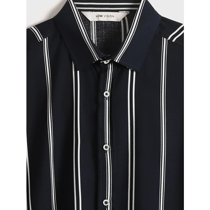LCW Vision Lacivert Regular Fit Kısa Kollu Çizgili Erkek Gömlek