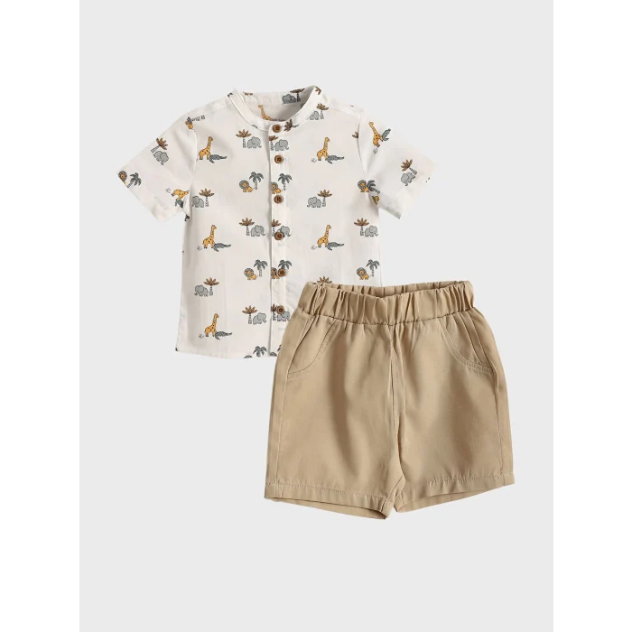 LCW baby Ekru Fil Baskılı Erkek Bebek Gömlek ve Şort 2li