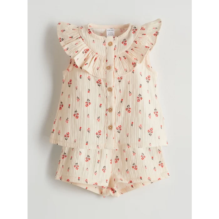 LCW baby Ekru Bisiklet Yaka Çiçekli Kız Bebek Bluz ve Şort 2li