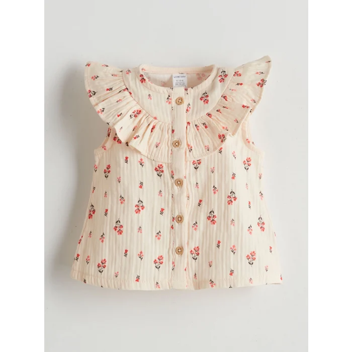 LCW baby Ekru Bisiklet Yaka Çiçekli Kız Bebek Bluz ve Şort 2li