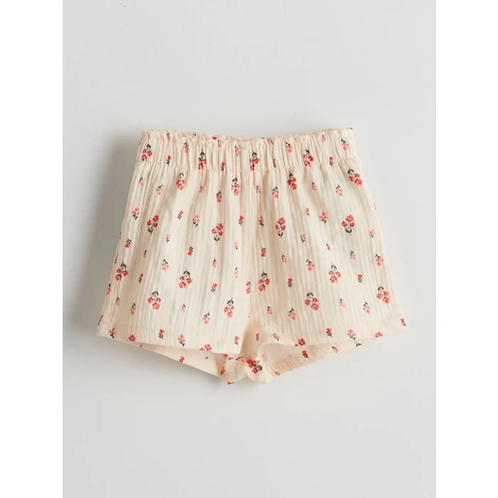 LCW baby Ekru Bisiklet Yaka Çiçekli Kız Bebek Bluz ve Şort 2li