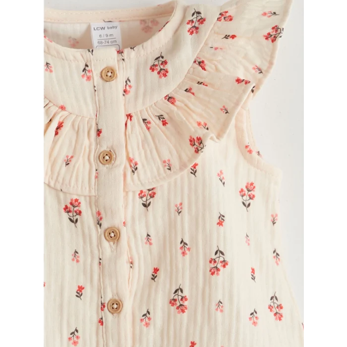 LCW baby Ekru Bisiklet Yaka Çiçekli Kız Bebek Bluz ve Şort 2li