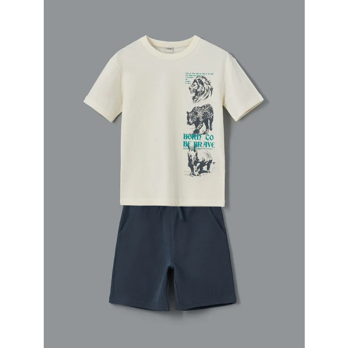 LCW Kids Ekru Bisiklet Yaka Erkek Çocuk Tişört ve Şort