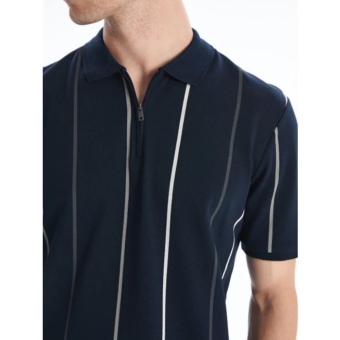 LCW Vision Lacivert Polo Yaka Kısa Kollu Çizgili Pike Erkek Tişört