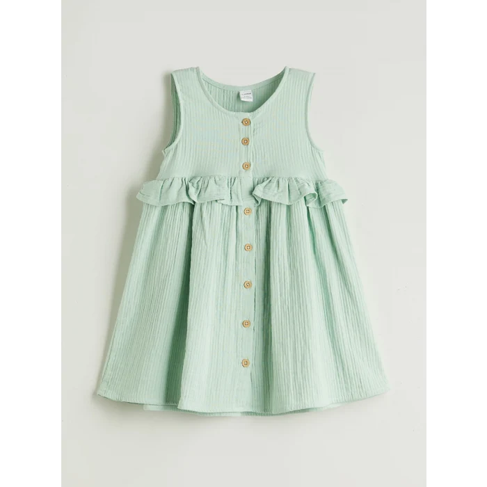 LCW Kids Yeşil Önden Düğmeli Müslin Kız Çocuk Elbise