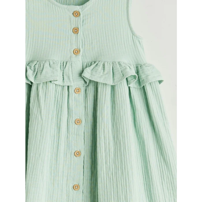 LCW Kids Yeşil Önden Düğmeli Müslin Kız Çocuk Elbise