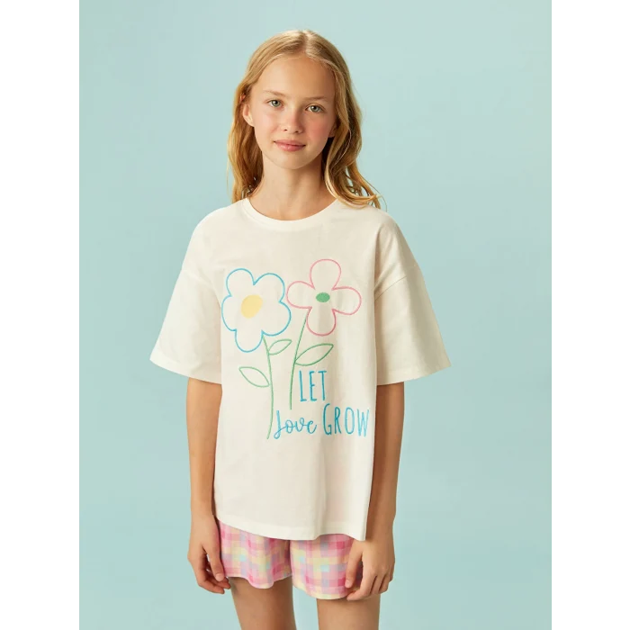 LCW Kids Beyaz Bisiklet Yaka Çiçekli Kız Çocuk Şortlu Pijama Takımı