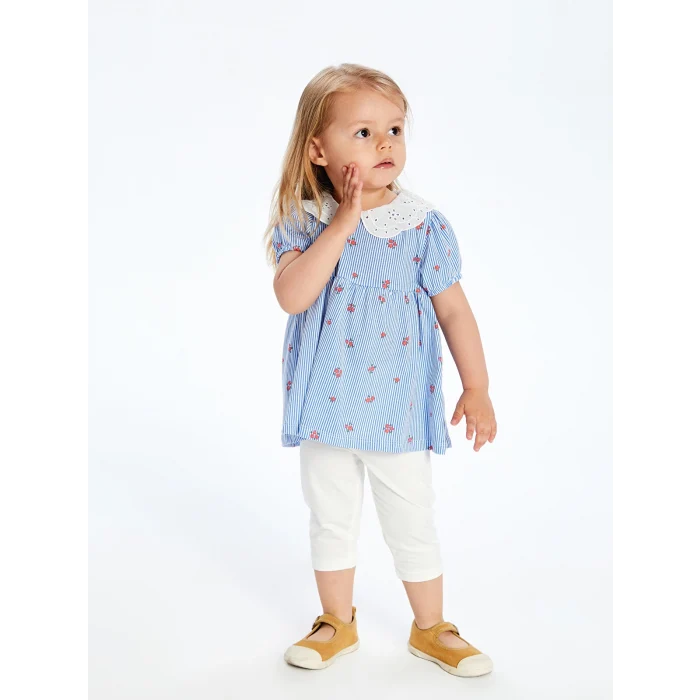 LCW Kids Ekru Çiçekli Fırfırlı Kız Çocuk Bluz ve Tayt 2li