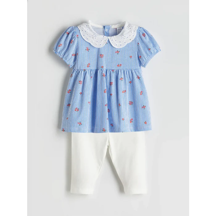 LCW Kids Ekru Çiçekli Fırfırlı Kız Çocuk Bluz ve Tayt 2li