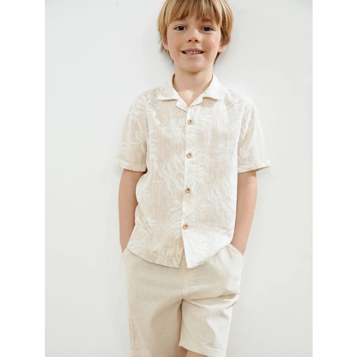 LCW Kids Bej Resort Yaka Baskılı Erkek Çocuk Gömlek