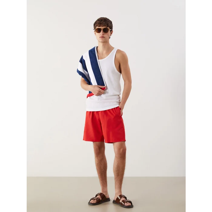 LCWAIKIKI Classic Kirmizi Diz Hizası Boy Basic Erkek Deniz Şortu