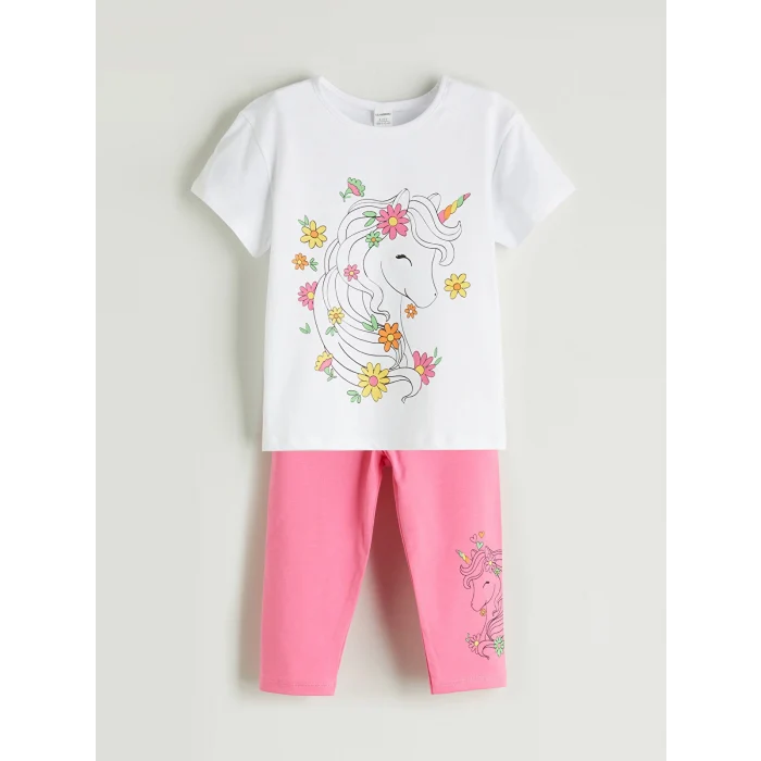 LCW Kids Beyaz Bisiklet Yaka Baskılı Kız Çocuk Tişört ve Tayt 2li