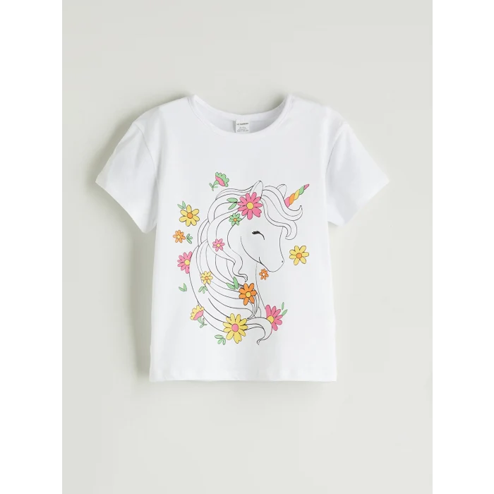 LCW Kids Beyaz Bisiklet Yaka Baskılı Kız Çocuk Tişört ve Tayt 2li