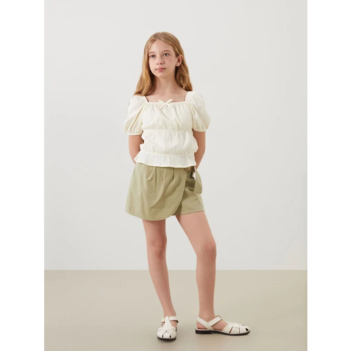 LCW Kids Ekru Kare Yaka Kız Çocuk Tişört