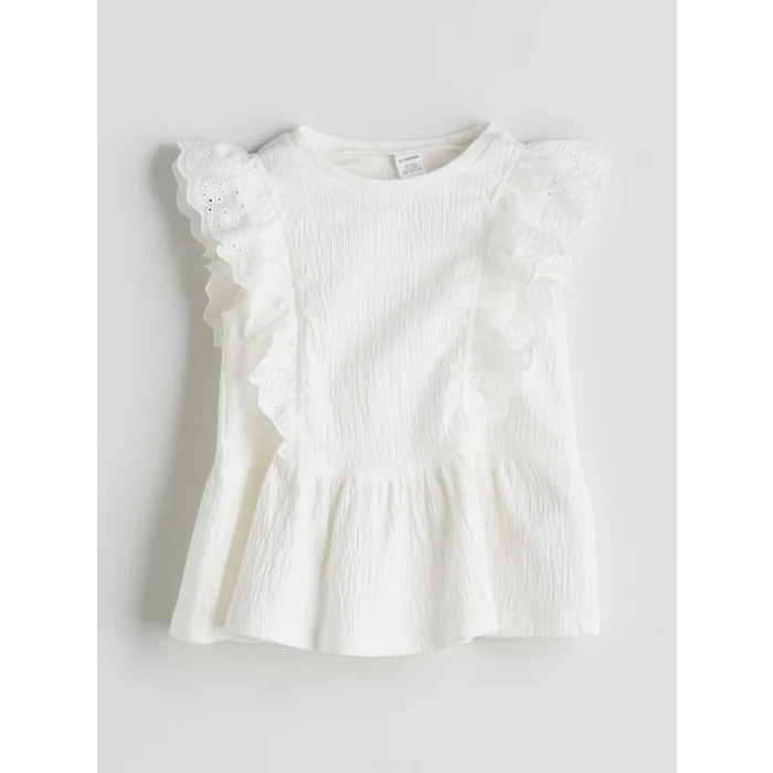 LCW Kids Beyaz Bisiklet Yaka Pileli Kız Çocuk Tişört