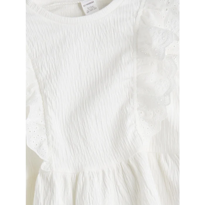 LCW Kids Beyaz Bisiklet Yaka Pileli Kız Çocuk Tişört