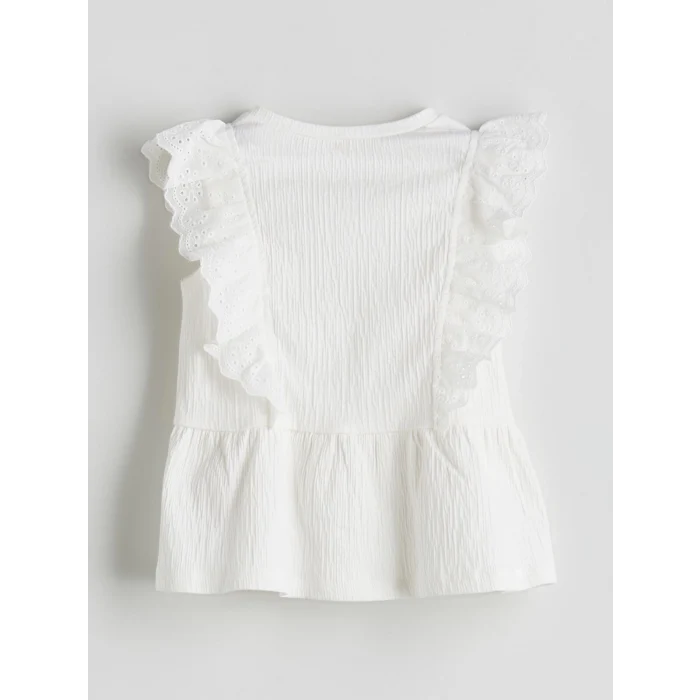 LCW Kids Beyaz Bisiklet Yaka Pileli Kız Çocuk Tişört