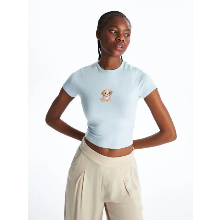 XSIDE Mavi Bisiklet Yaka Köpek Baskılı Kadın Crop