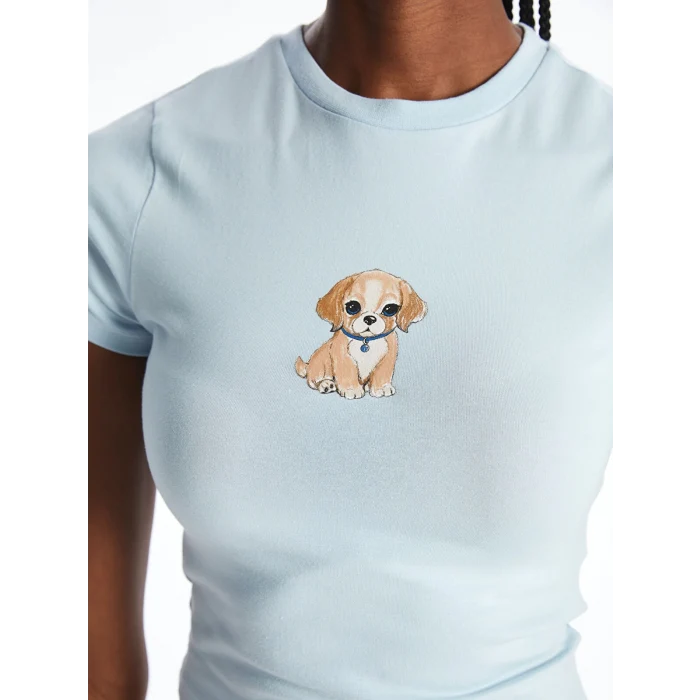 XSIDE Mavi Bisiklet Yaka Köpek Baskılı Kadın Crop