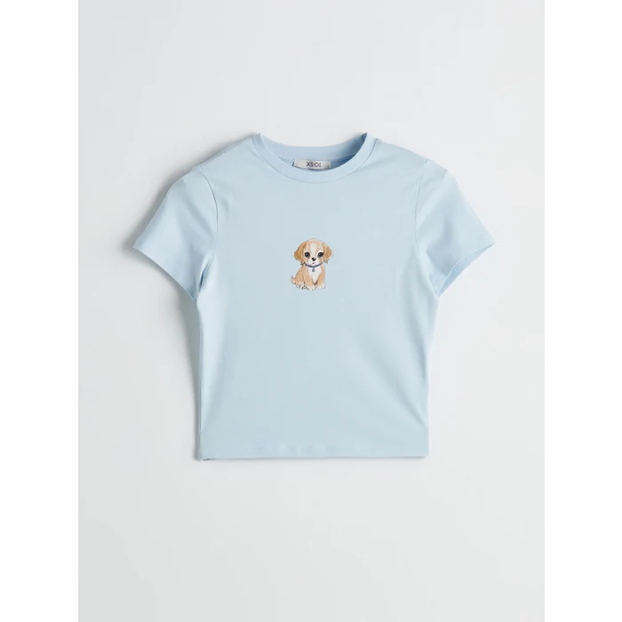 XSIDE Mavi Bisiklet Yaka Köpek Baskılı Kadın Crop