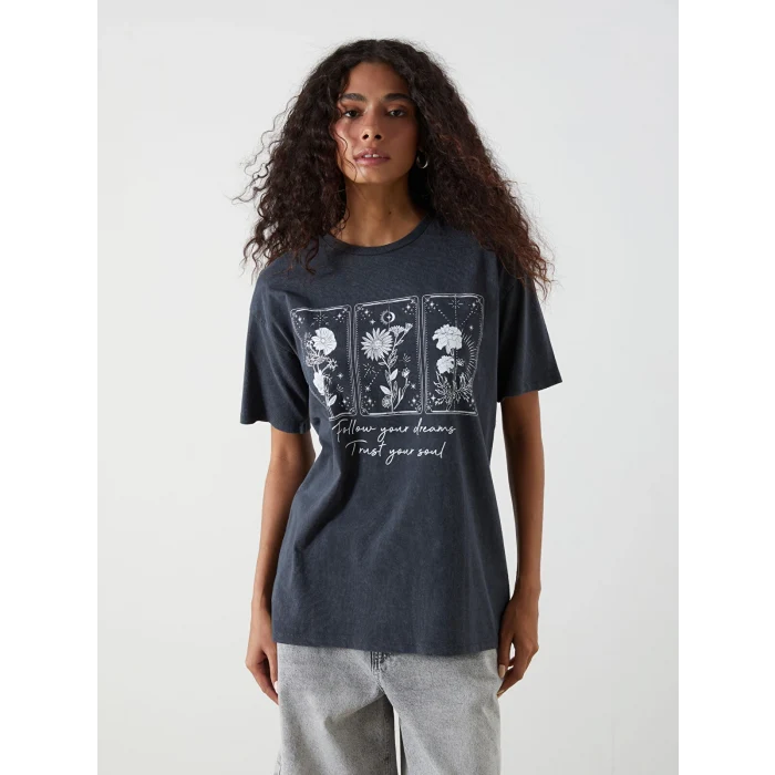 XSIDE Antrasit Bisiklet Yaka Çiçekli Kadın Tişört