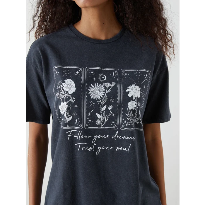 XSIDE Antrasit Bisiklet Yaka Çiçekli Kadın Tişört