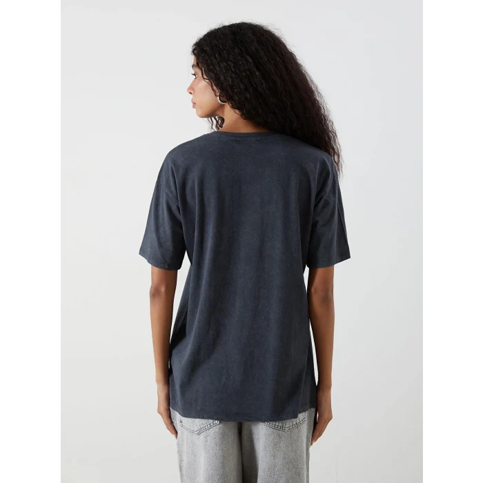 XSIDE Antrasit Bisiklet Yaka Çiçekli Kadın Tişört